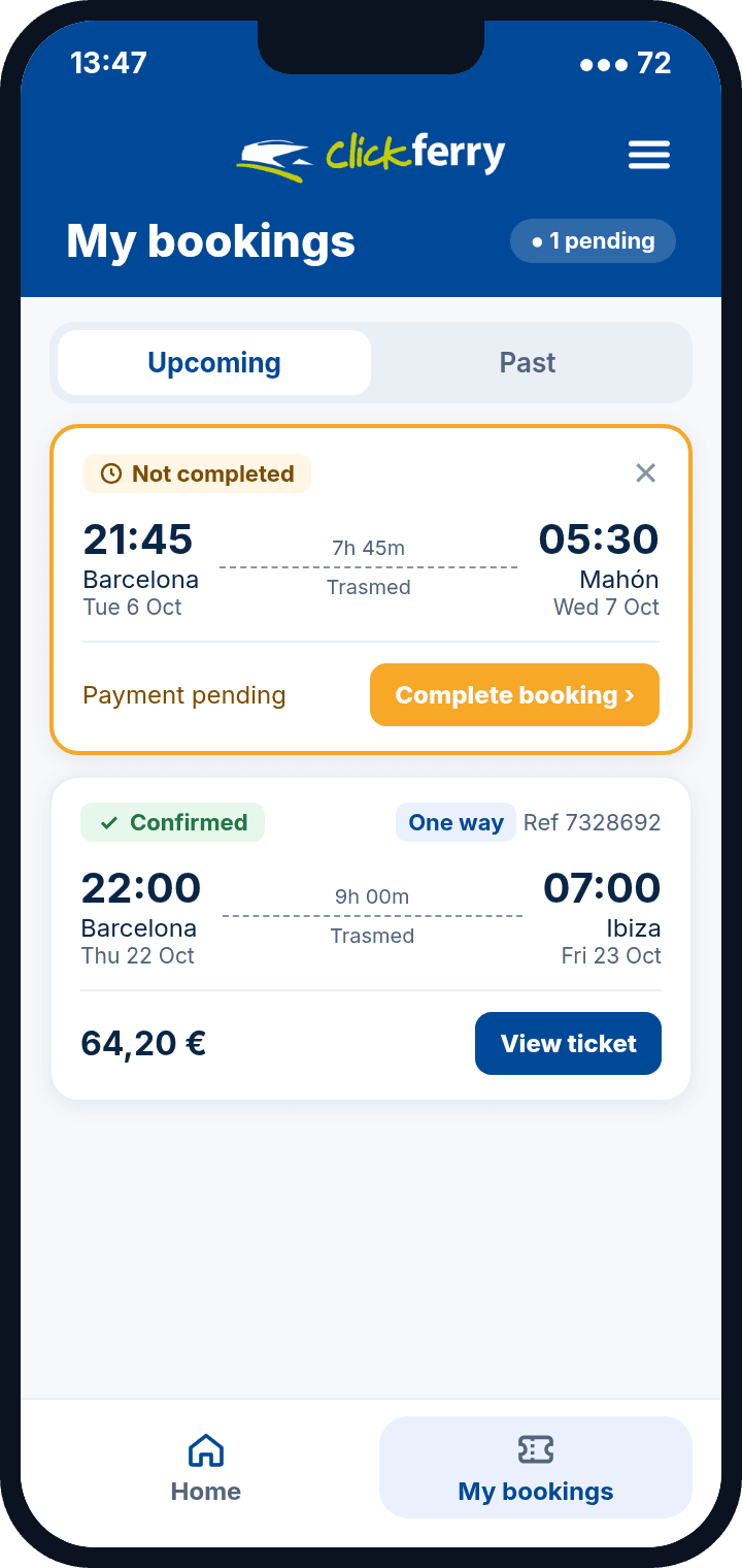 Clickferry app: my bookings