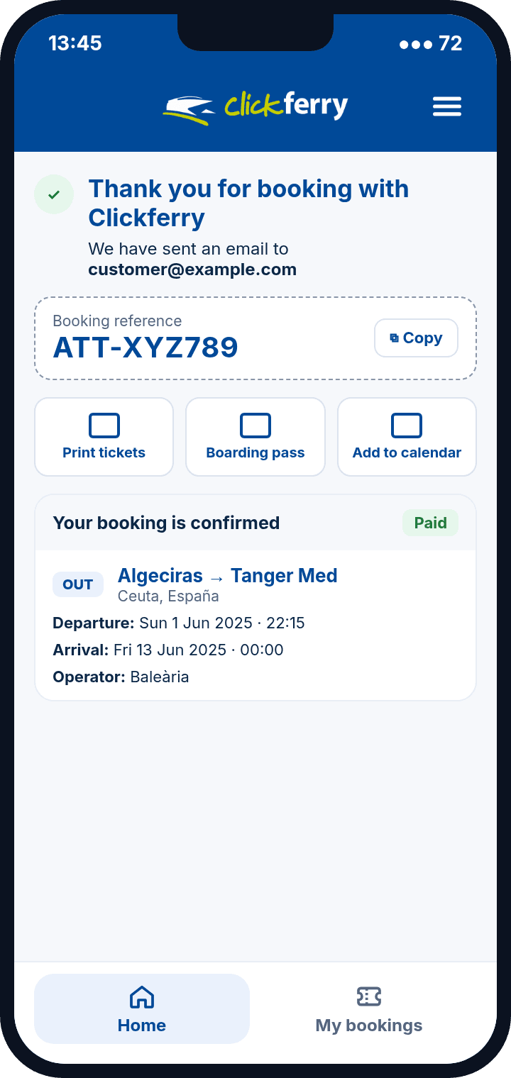 Clickferry app: purchase confirmation