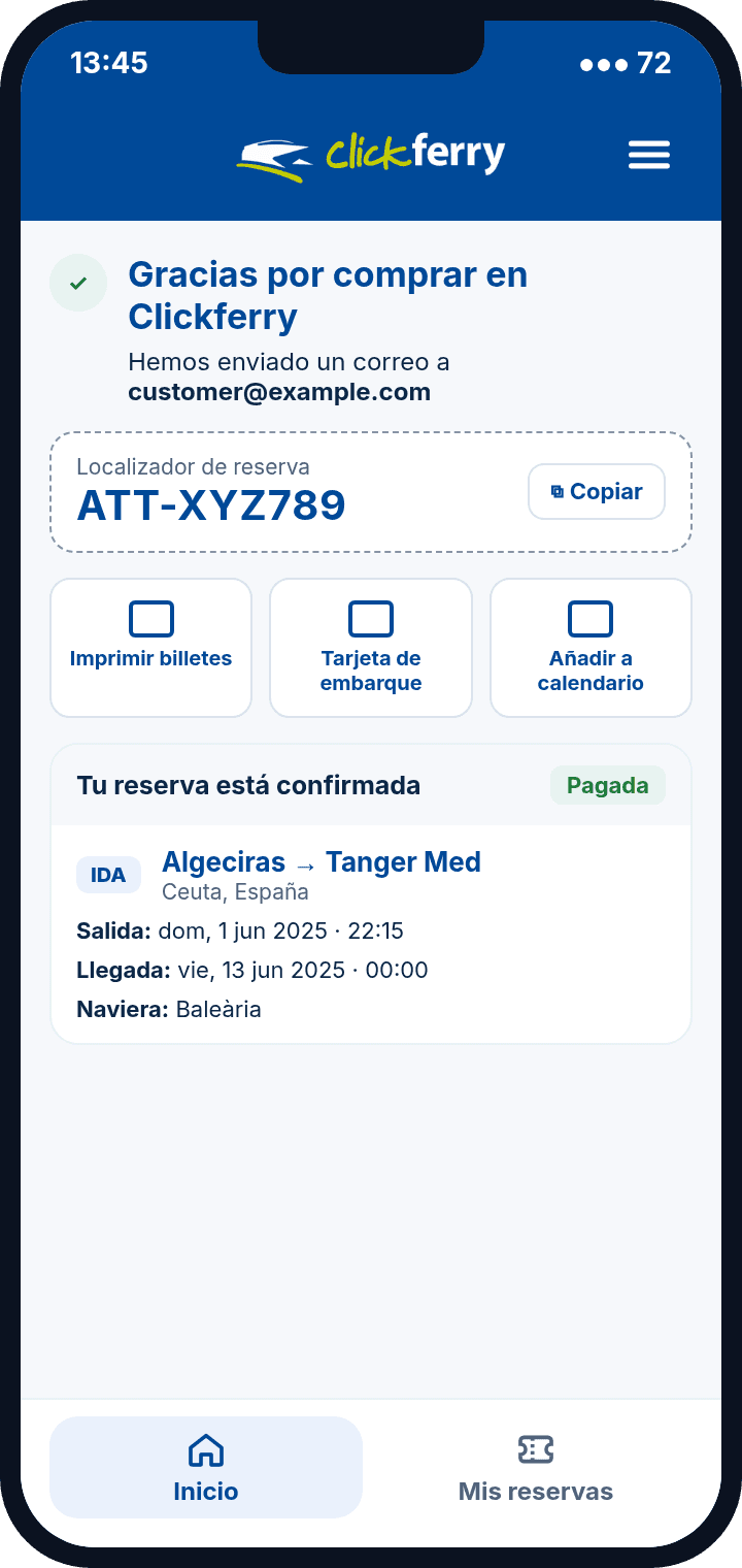 App Clickferry: confirmación de compra