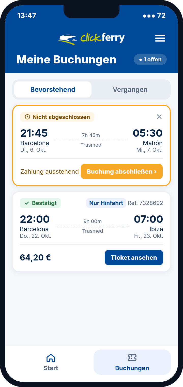 Clickferry-App: Meine Buchungen
