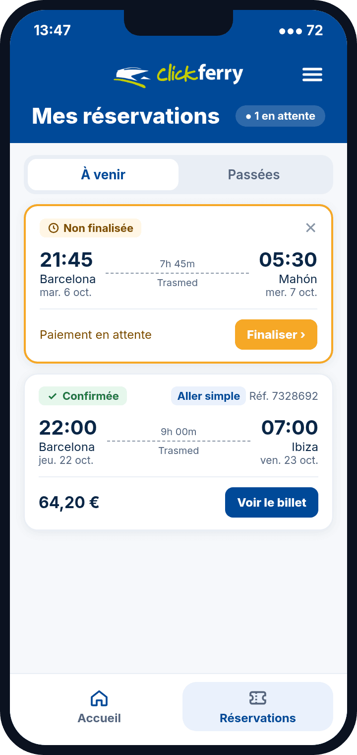 Appli Clickferry : mes réservations
