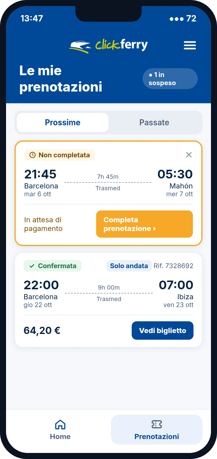 App Clickferry: le mie prenotazioni