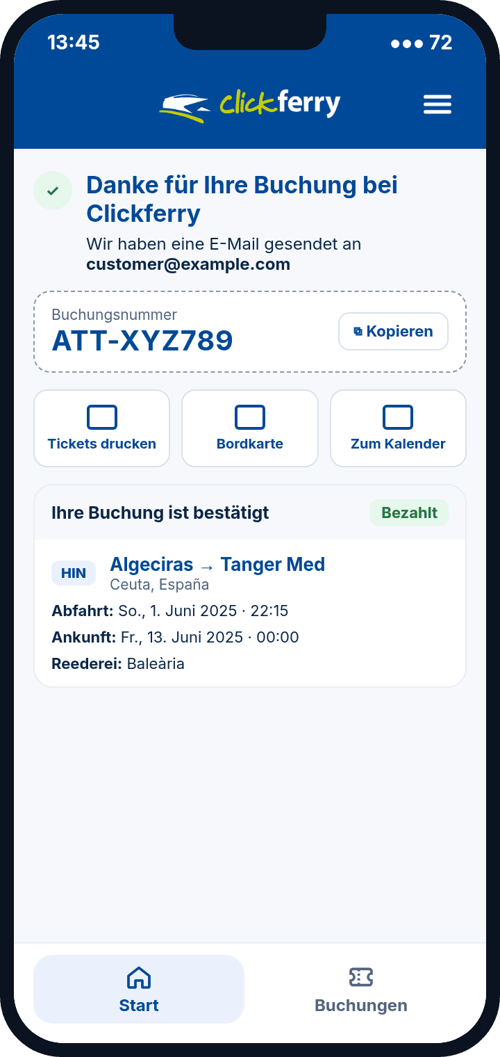 Clickferry-App: Kaufbestätigung