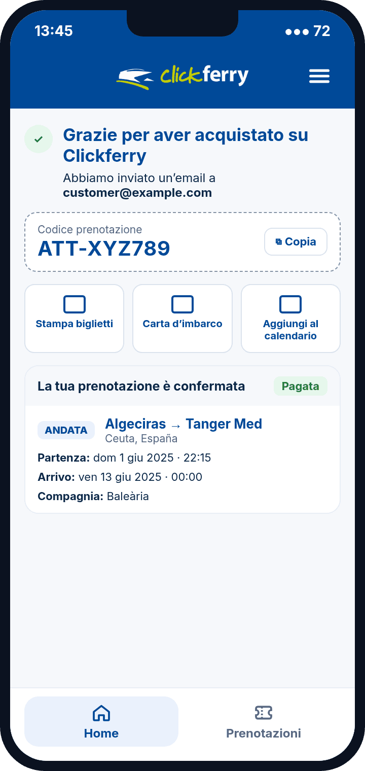App Clickferry: conferma dell'acquisto